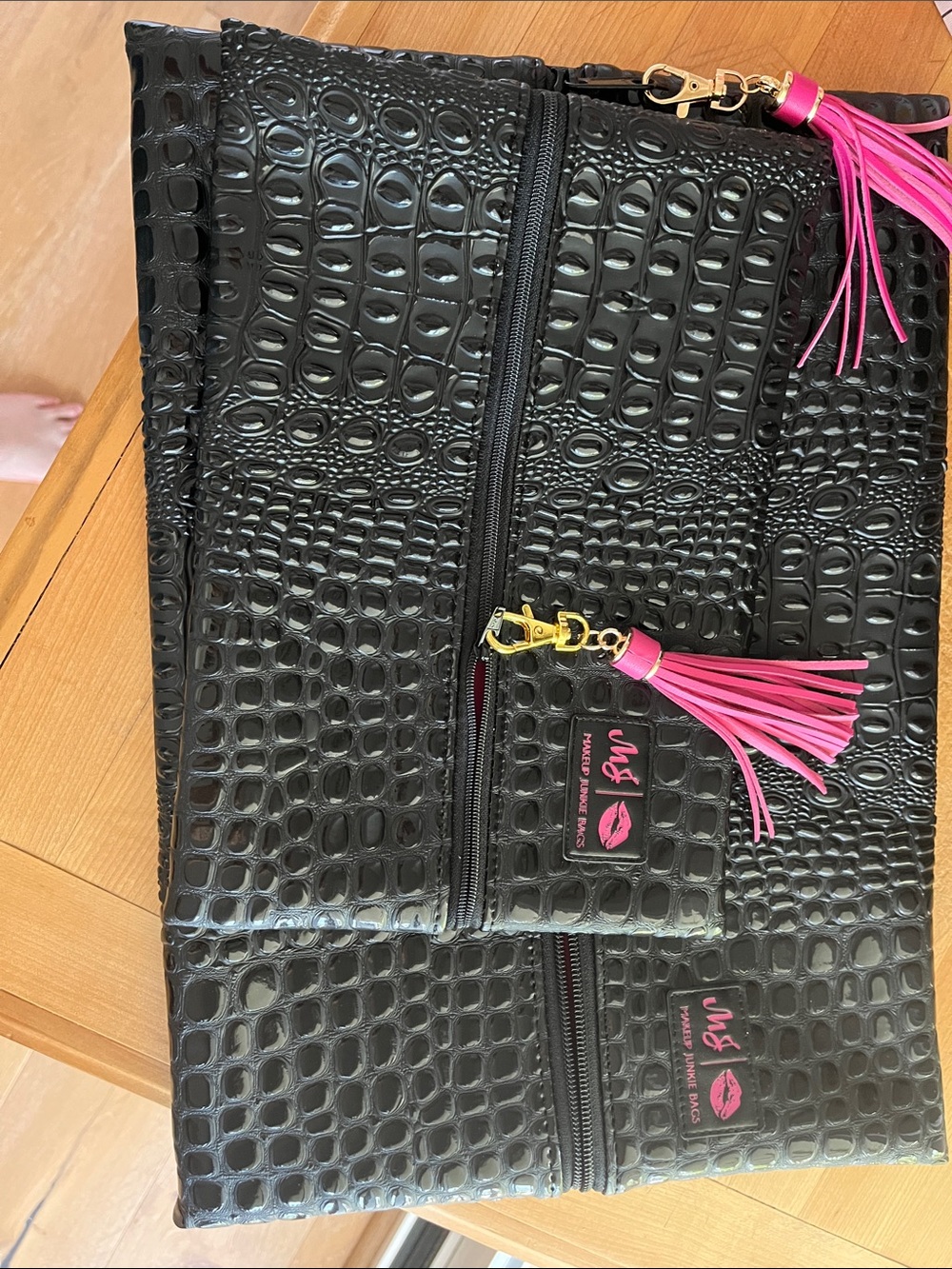 Black Croc-Embossed Cosmetic Pouch Set with Pink Tassel Accents